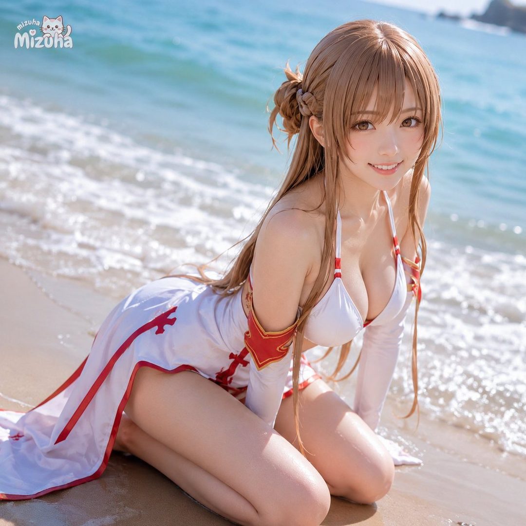 A smiling woman with long brown hair cosplaying as Asuna from Sword Art Online, wearing a white and red swimsuit with a matching skirt, kneeling on a sandy beach with the ocean in the background.
