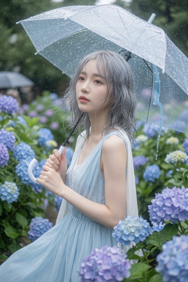 A young woman with silver wavy hair holds a clear umbrella in a rainy hydrangea garden, wearing a light blue dress.