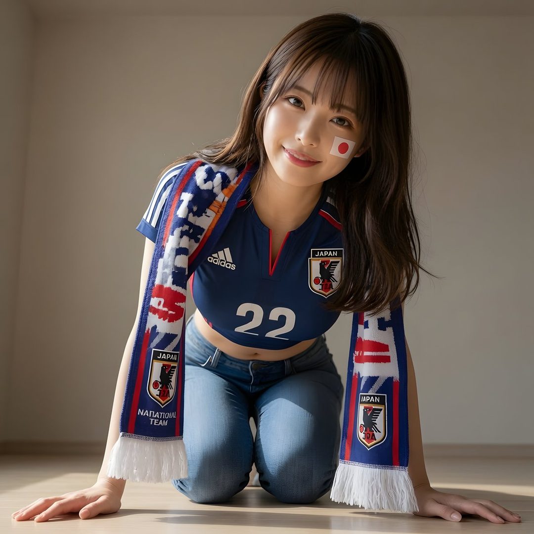 A young woman with long brown hair, wearing a blue Japan national team soccer jersey and jeans, kneels on the floor with a scarf draped over her shoulders.