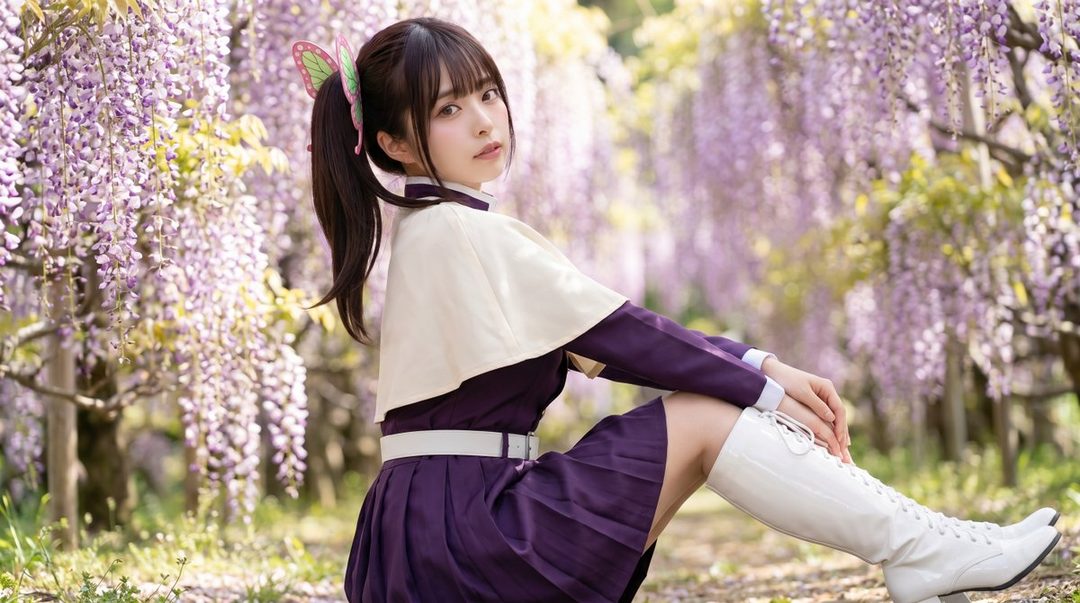 A young woman in a purple and white cosplay outfit with a butterfly hair accessory sits among wisteria flowers.