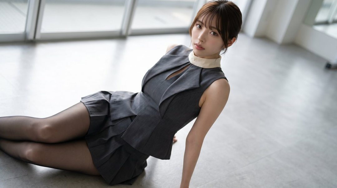 A woman with brown hair and bangs, wearing a grey sleeveless top and skirt with black tights, poses indoors.