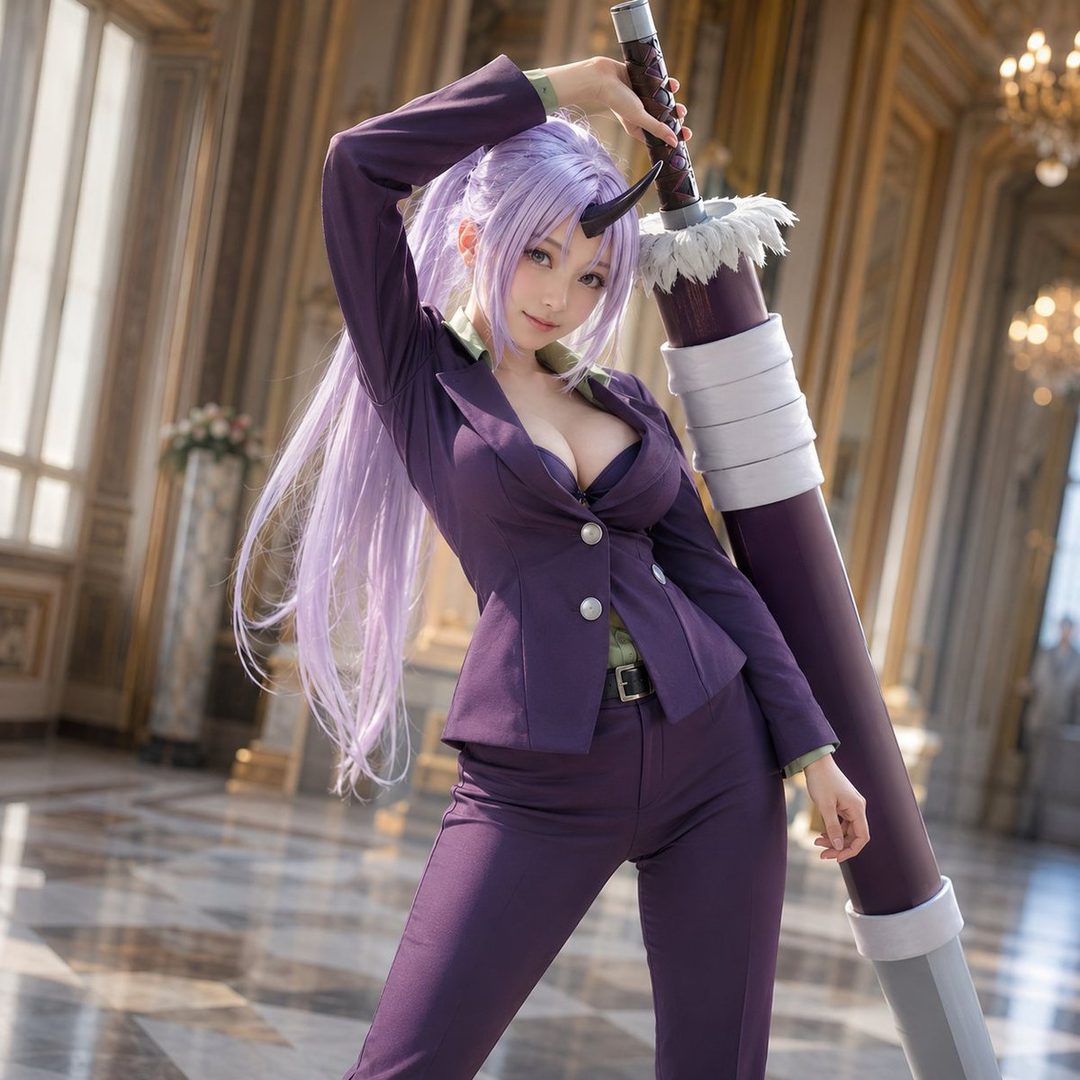 A woman with long purple hair and horns, dressed in a purple suit, poses indoors while holding a large weapon.