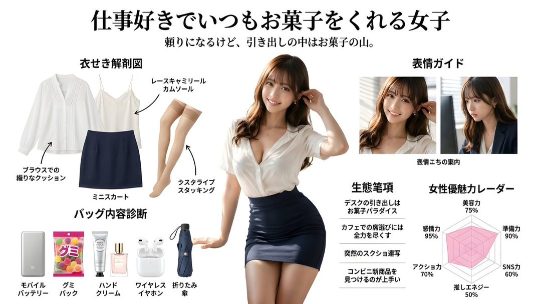 A woman in a white blouse and black mini skirt poses in a studio, with diagrams of her outfit and accessories.