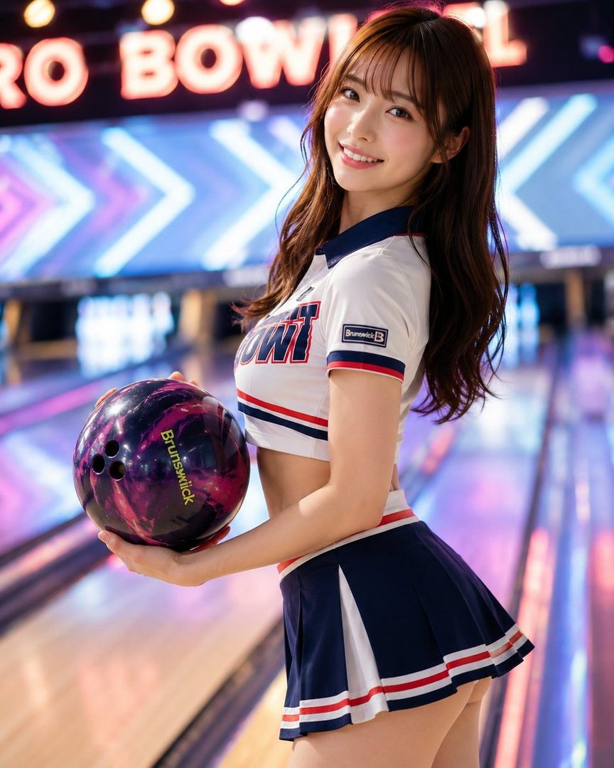 A smiling woman in a bowling alley, wearing a white and blue crop top and skirt, holding a bowling ball.