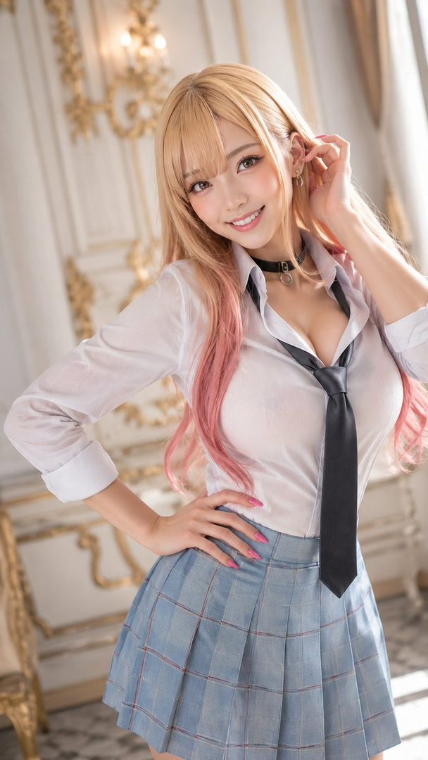A smiling woman with long blonde hair and pink streaks, dressed in a white shirt, black tie, and plaid skirt, poses indoors.