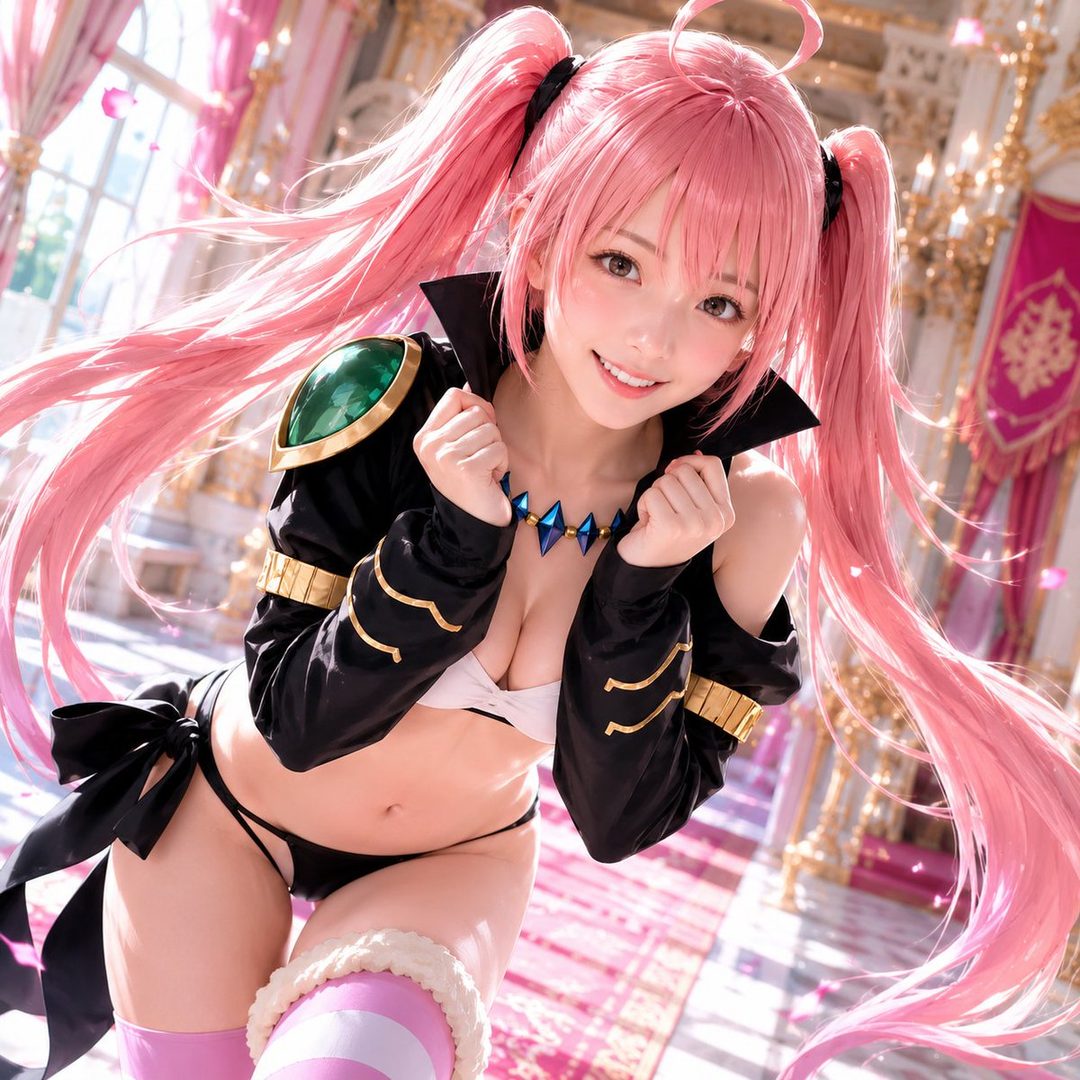 A playful AI-generated portrait of a woman with long pink twintails, dressed in a black jacket and bikini top, smiling in a luxurious indoor setting.