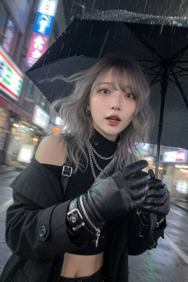A woman with silver wavy hair and gothic-style clothing holds an umbrella on a rainy city street at night.