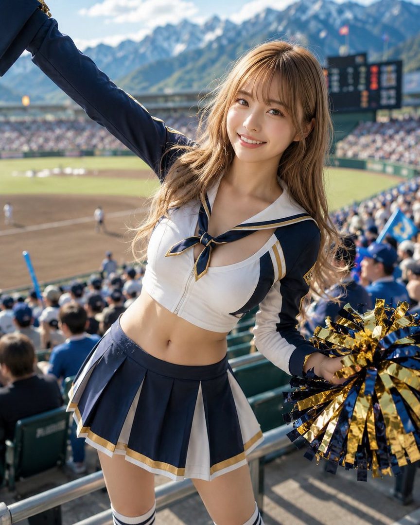 A cheerful cheerleader with long blonde hair smiles at the camera from a baseball stadium, holding a pom-pom.