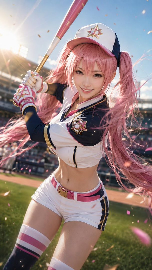 A pink-haired anime girl in a baseball uniform with a bat, smiling on a sunny baseball field.