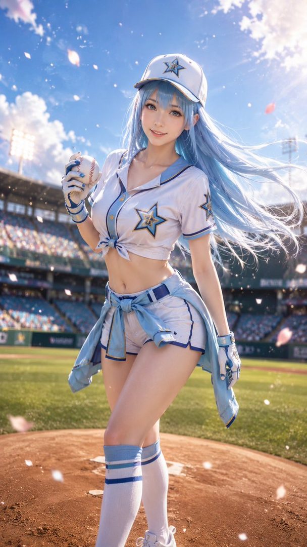 A blue-haired anime-style character cosplaying as Rimuru from That Time I Got Reincarnated as a Slime, wearing a baseball uniform on a sunny day at a baseball field.