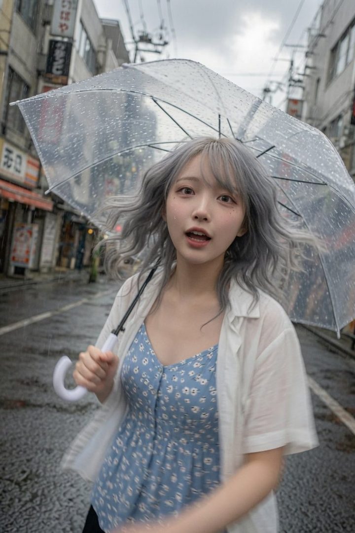 A young woman with silver wavy hair and a blue floral dress holds a clear umbrella on a rainy city street.