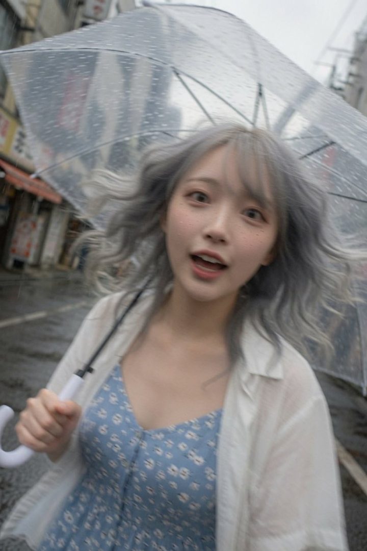 A young woman with silver wavy hair and freckles smiles playfully while holding a clear umbrella on a rainy street, wearing a blue floral dress and a white shirt.