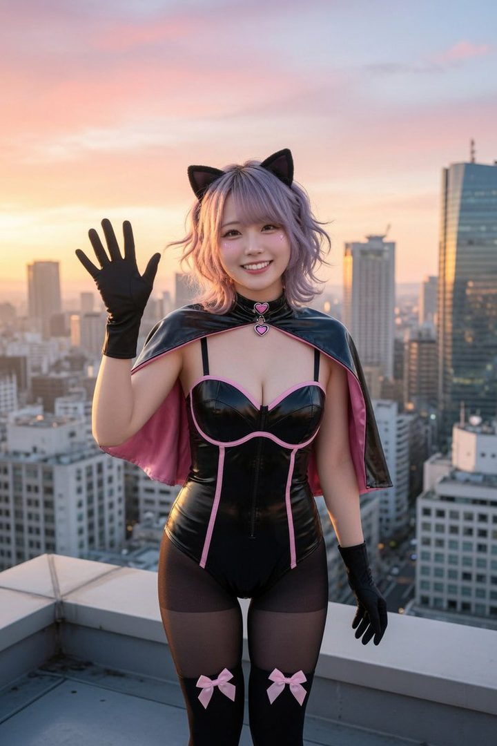 A smiling woman with purple hair and cat ears, wearing a black and pink cat girl costume, waves from a city rooftop at sunset.