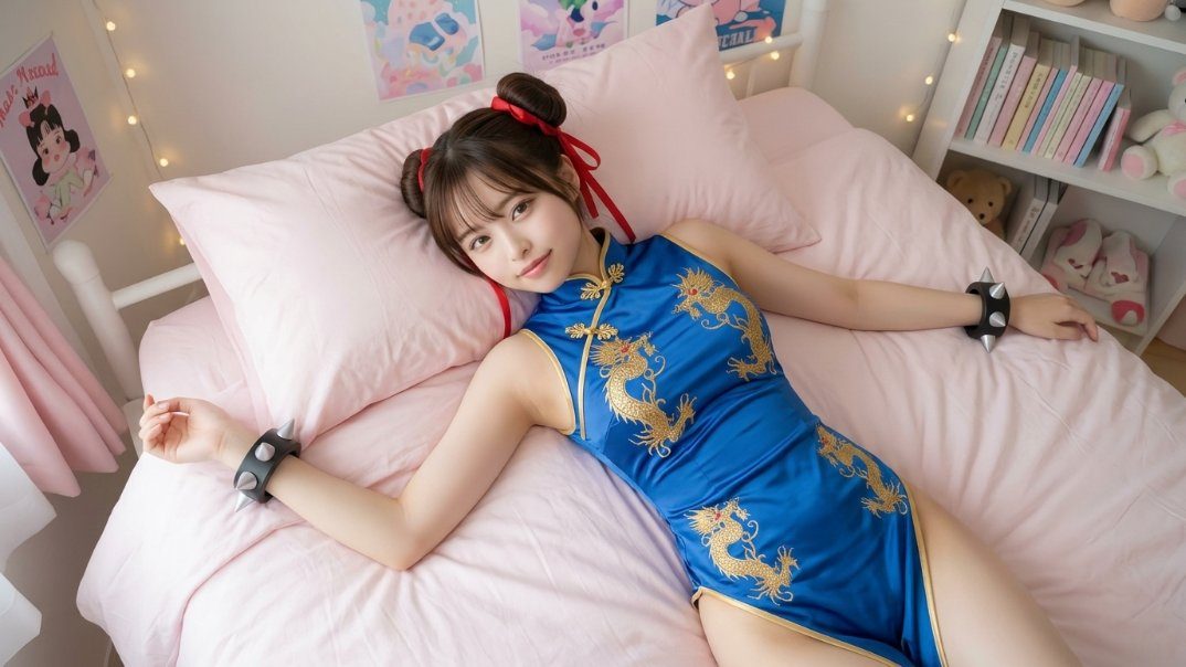 A young woman in a blue cheongsam with gold dragon embroidery and spiked bracelets lies on a pink bed.