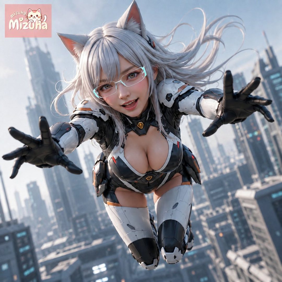 A playful AI-generated character with white hair and cat ears, wearing a futuristic black and white suit, appears to be flying over a city.