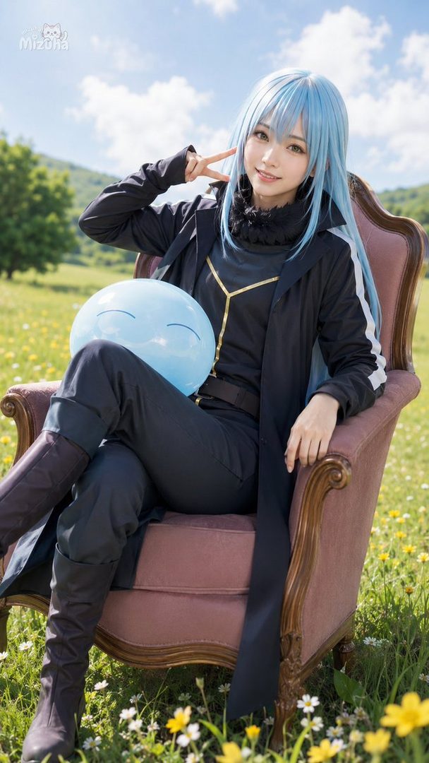 A cosplayer with light blue hair, dressed as Rimuru from That Time I Got Reincarnated as a Slime, sits in an ornate chair outdoors, holding a blue slime plush.