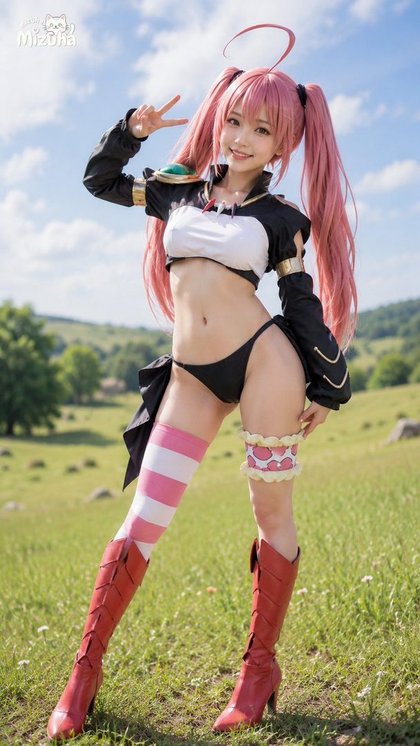 A smiling woman with long pink twintails poses outdoors in a cosplay outfit that includes a black and white top, black bikini bottoms, striped thigh-high socks, and red boots.