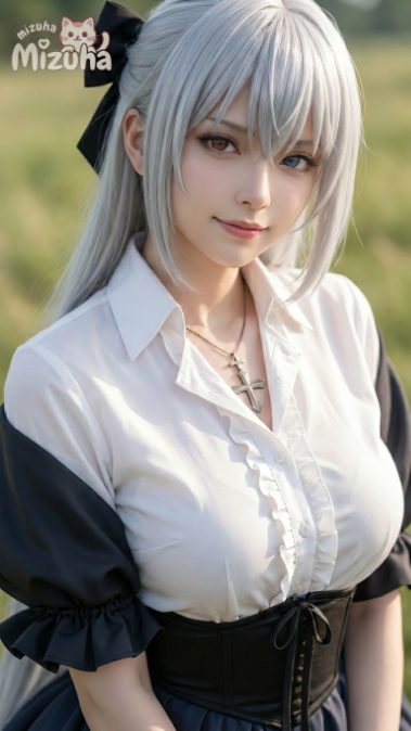 A woman with long white hair and heterochromia eyes, wearing a white blouse and black corset, poses outdoors.