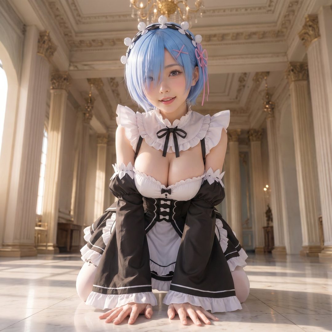 A woman cosplaying as Rem from Re:Zero, wearing a maid outfit and blue hair, kneels in a grand hall.