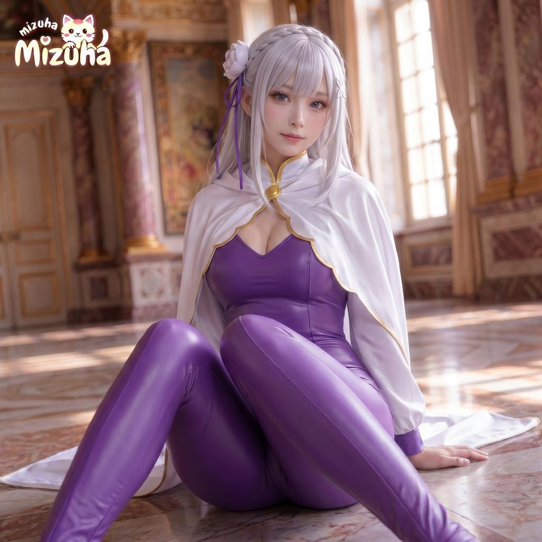 A woman with long white hair and a purple and white outfit poses indoors, resembling the character Emilia from Re:Zero.