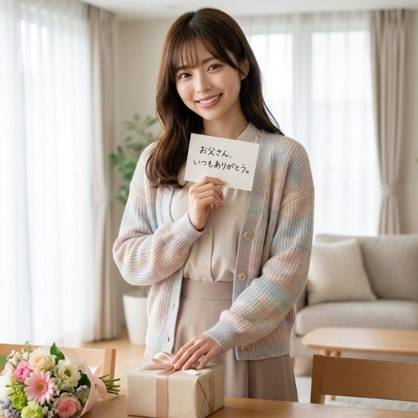 A smiling young woman in a pastel cardigan holds a thank you note and a gift box in a bright indoor setting.