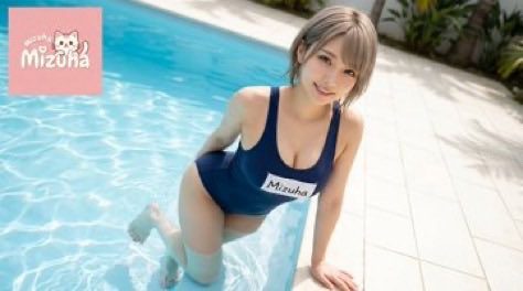 A young woman with short blonde hair in a blue swimsuit is smiling while in a swimming pool.