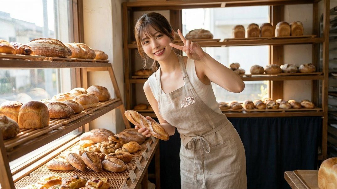 A smiling woman in an apron holds a baguette in a bakery, making a peace sign.