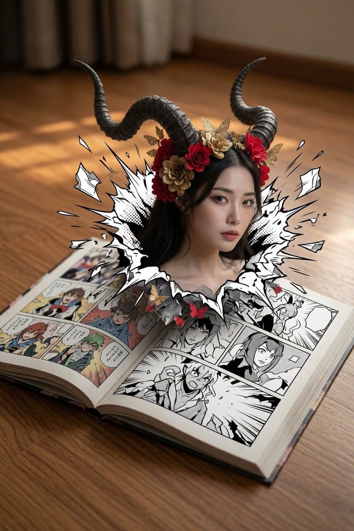 A woman with dark horns and a floral crown appears to be emerging from an open comic book, with butterflies flying around her.