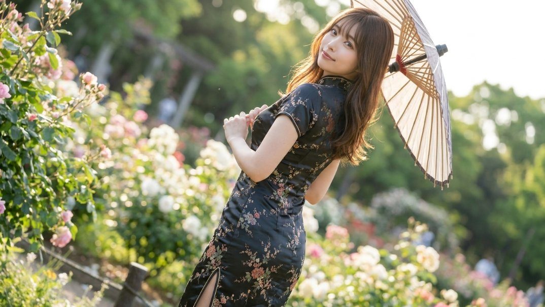 A woman in a black floral kimono holds a traditional Japanese umbrella in a rose garden.
