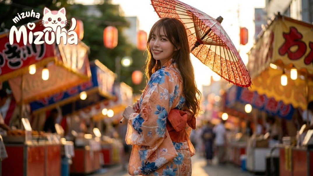 A young woman in a floral kimono holds a traditional Japanese umbrella while smiling over her shoulder on a bustling street at golden hour.