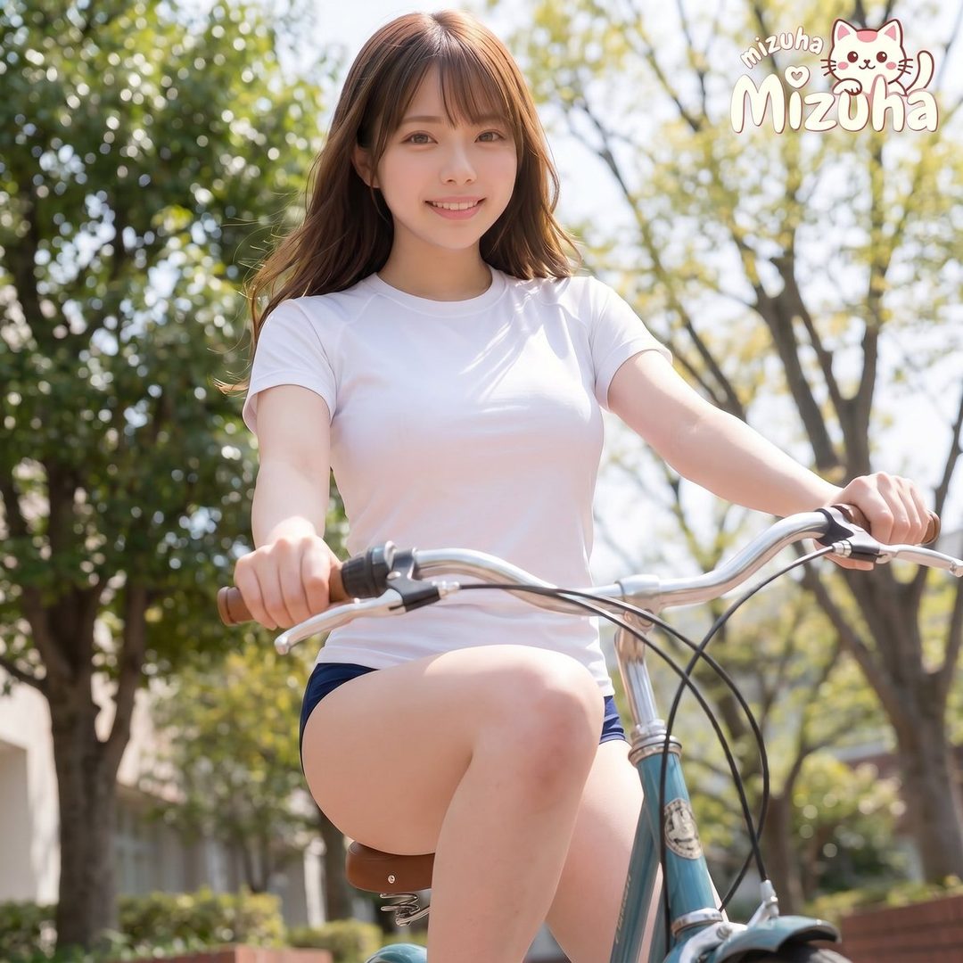 A young woman with brown hair and bangs, wearing a white t-shirt and blue shorts, smiles while riding a bicycle outdoors on a sunny day.