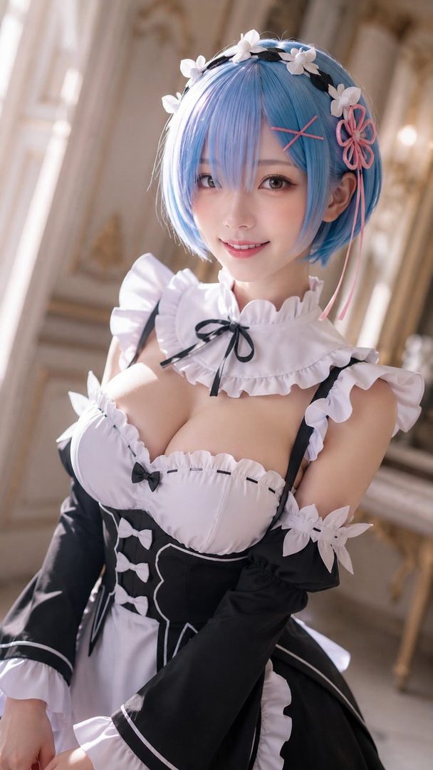 A photorealistic AI-generated portrait of a woman cosplaying as Rem from Re:Zero, wearing a maid outfit with blue hair and a floral headband, smiling indoors.