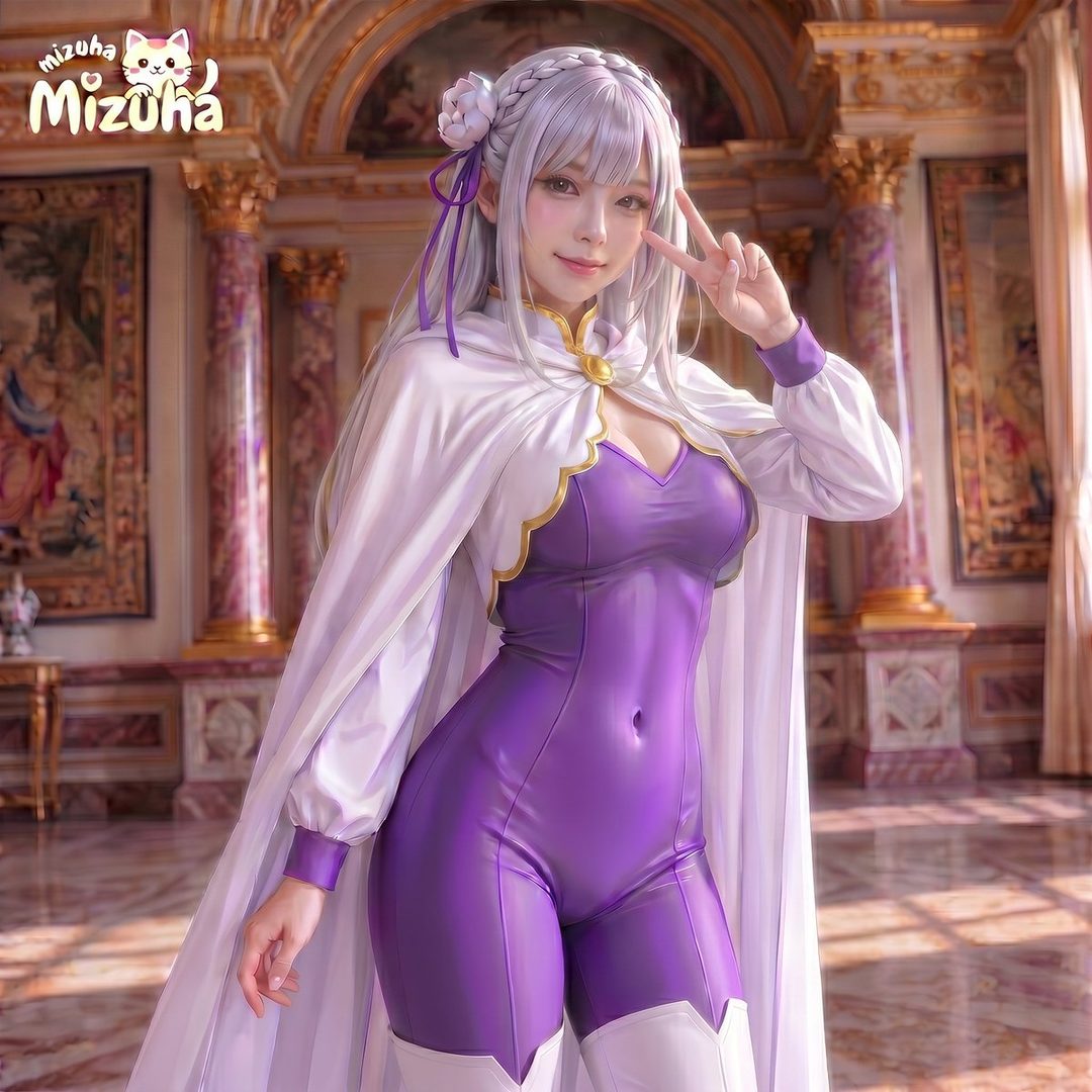 A photorealistic AI-generated image of a woman cosplaying as Emilia from Re:Zero, posing with a peace sign in a luxurious indoor setting.