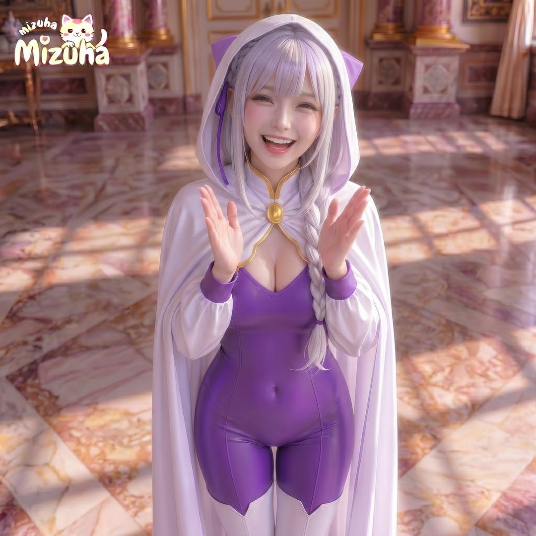 A smiling woman with white hair in a purple and white hooded outfit, posing indoors.