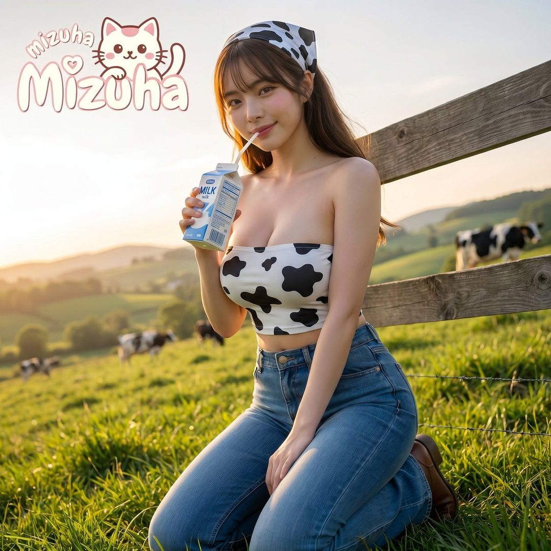 A young woman in a cow-print tube top and jeans kneels in a grassy field, drinking milk from a carton at golden hour.