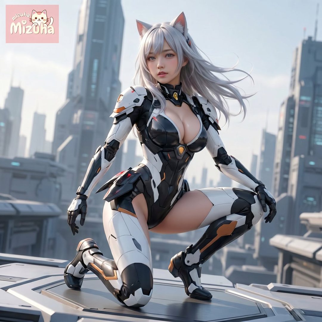 A futuristic female character with white hair and cat ears, wearing a black and white armored suit, kneels on a rooftop with a city skyline in the background.