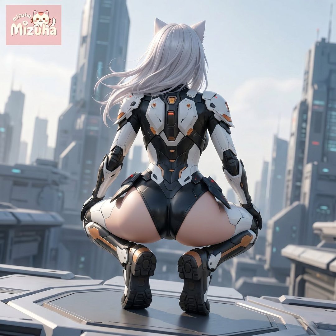 A futuristic female character with white hair and cat ears, wearing a black and white armored suit, squats on a rooftop overlooking a futuristic city.