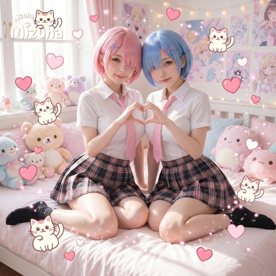 Two young women with pink and blue hair, dressed in school uniforms, make a heart shape with their hands in a pink bedroom decorated with anime posters and plush toys.