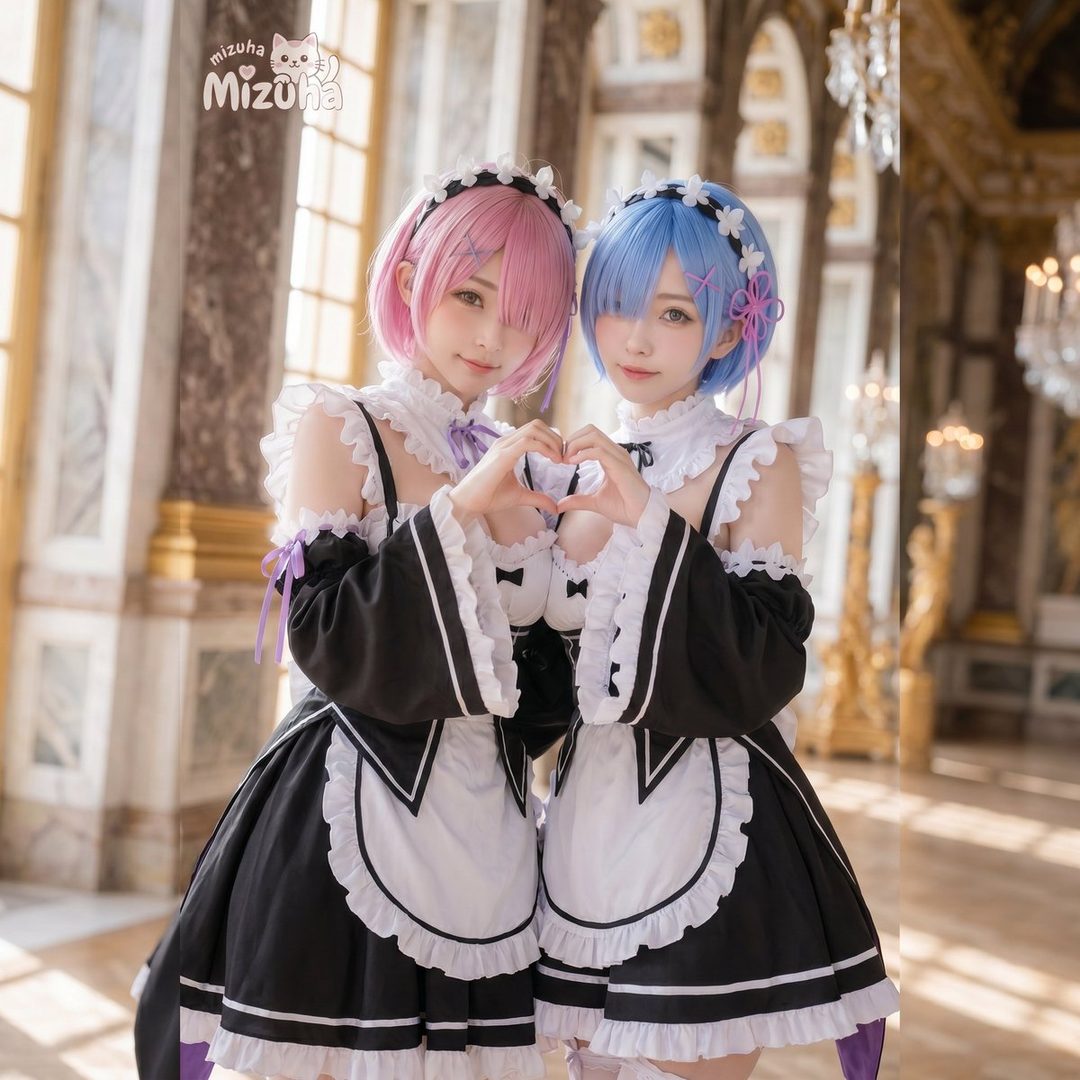 Two anime-style characters with pink and blue hair, dressed in maid outfits, make a heart shape with their hands in a grand indoor setting.