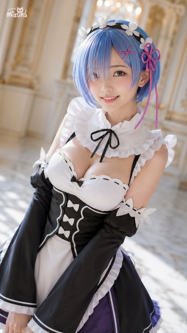 A photorealistic AI-generated portrait of a woman cosplaying as Rem from Re:Zero, wearing a maid outfit with blue hair and a gentle smile.