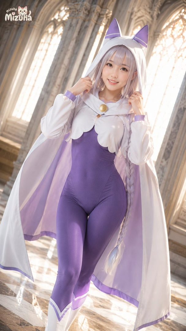 A smiling woman with long white hair and cat ears, wearing a purple and white cosplay outfit, stands in a grand hall.