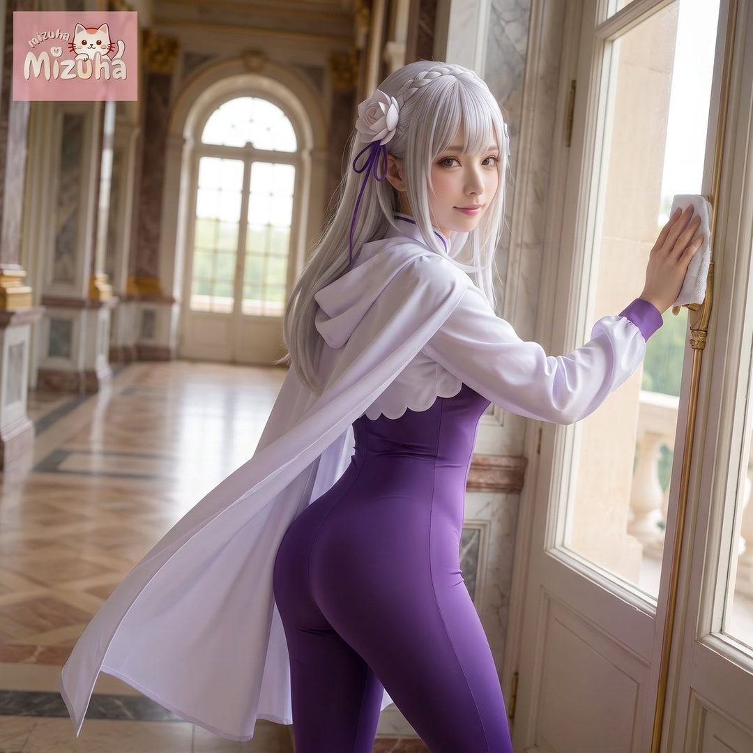 A woman with long white hair in a purple and white outfit is cleaning a window in a grand hall.