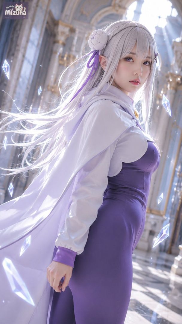 A cosplayer dressed as Emilia from Re:Zero, with long white hair and a purple dress, stands in a grand hall with floating crystals.