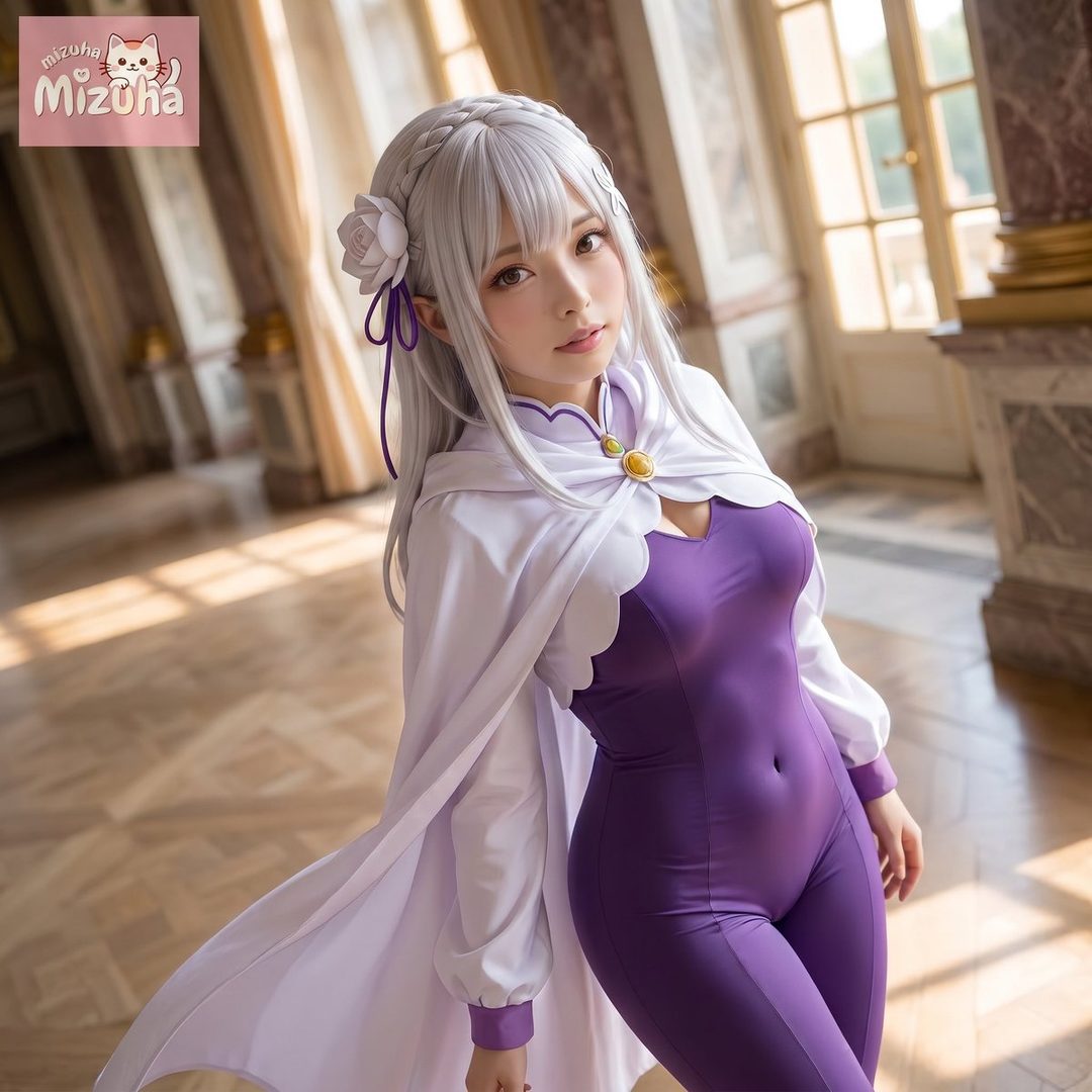 A woman with long white hair in a braided style, wearing a purple and white cosplay outfit, stands elegantly indoors.