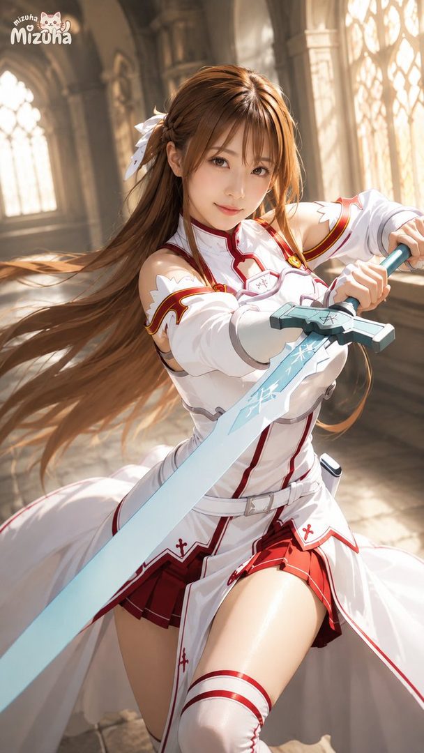 A photorealistic AI-generated image of a woman cosplaying as Asuna from Sword Art Online, holding a sword in a grand hall.