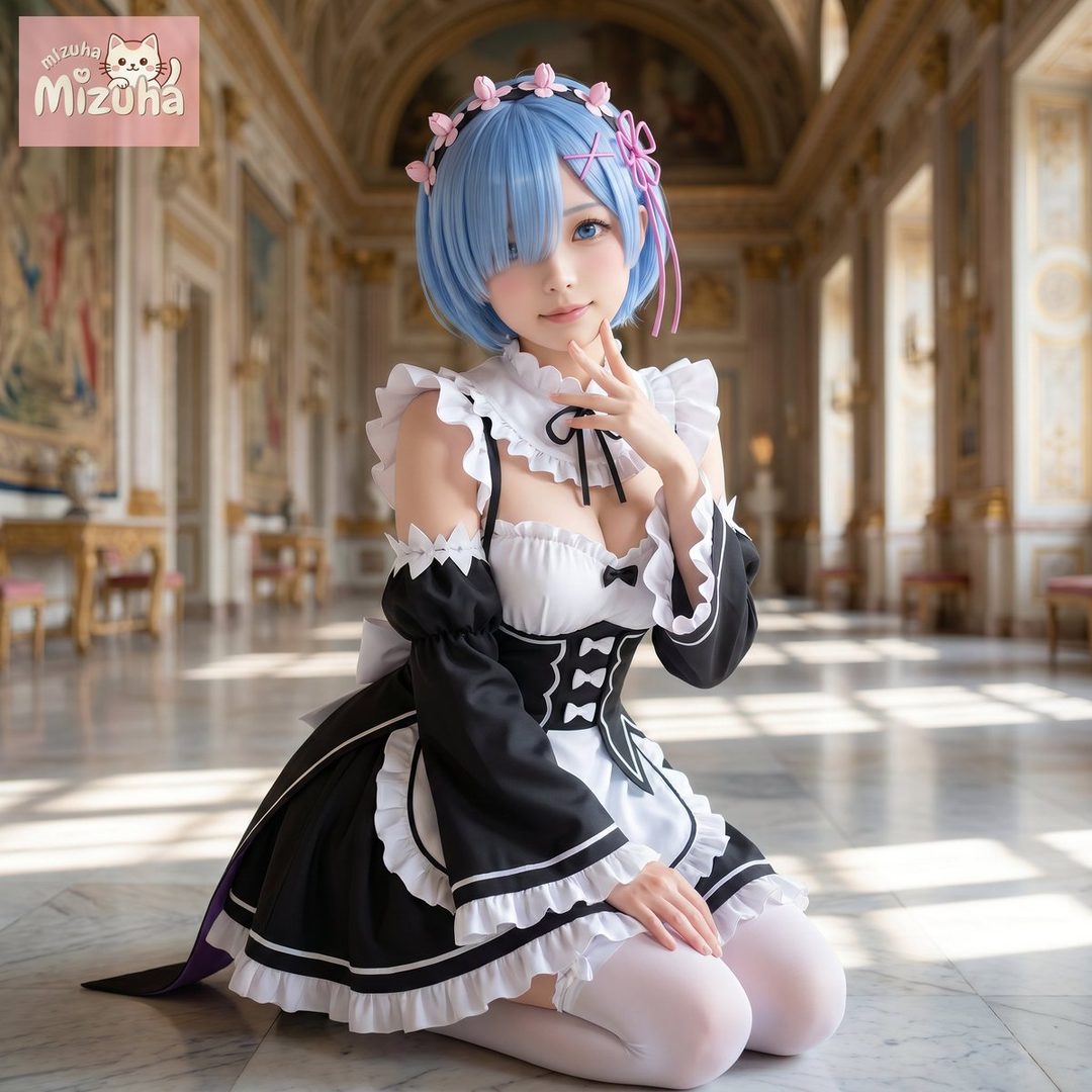 A woman with blue hair cosplaying as Rem from Re:Zero, wearing a maid outfit and kneeling in a grand hall.