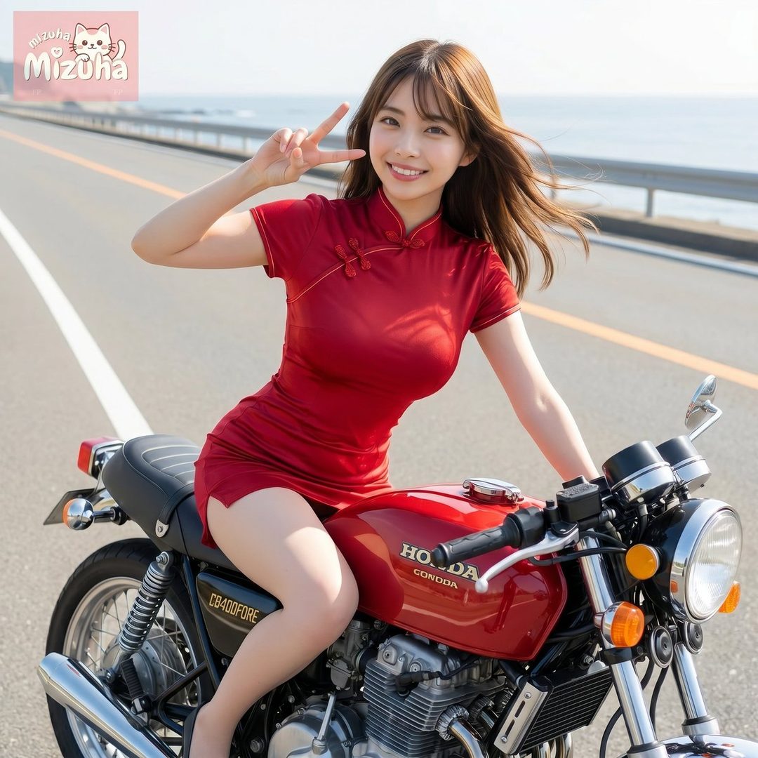 A smiling woman in a red cheongsam dress poses on a motorcycle on a coastal road, making a peace sign.
