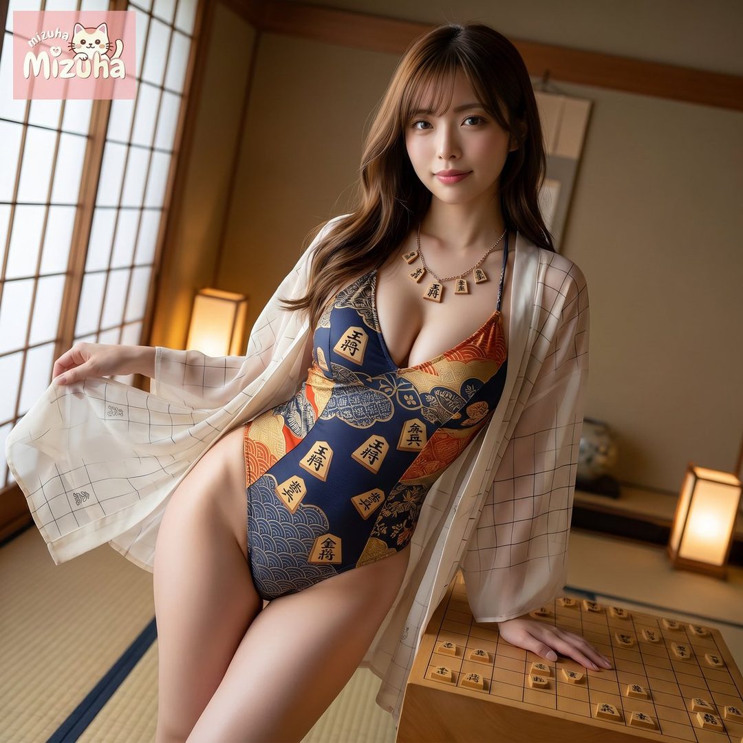 A woman in a patterned swimsuit and sheer robe poses indoors with a shogi board.