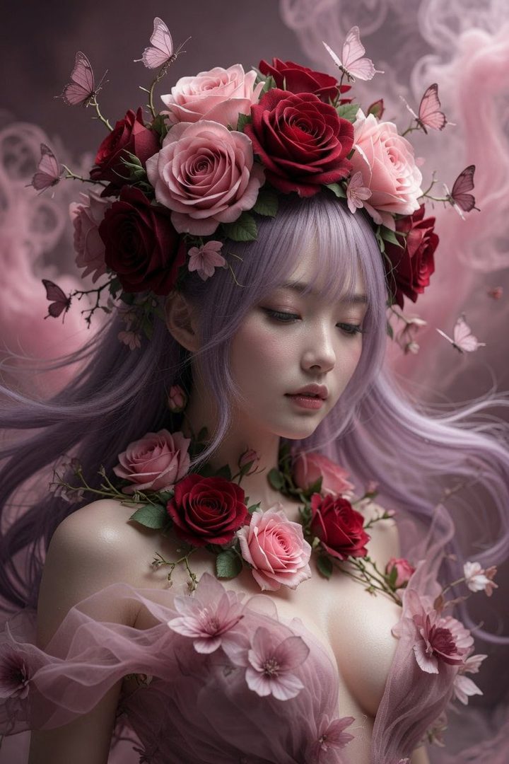 A beautiful woman with long lavender hair wears a crown of pink and red roses, with butterflies fluttering around her, against a smoky pink background.