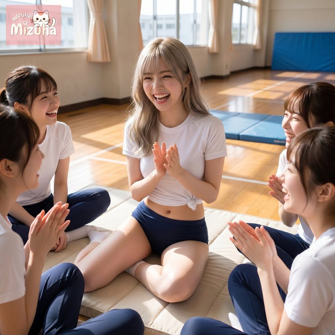 A group of young women in sportswear are sitting on mats in a gym, laughing and clapping.
